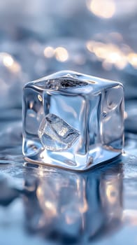 A single ice cube with visible melting signs is captured in close-up, showcasing its clarity and intricate frozen details on a glossy surface - Generative AI