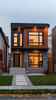 A contemporary home with illuminated windows stands out against the twilight sky, showcasing its clean architectural lines and warm wooden accents - Generative AI