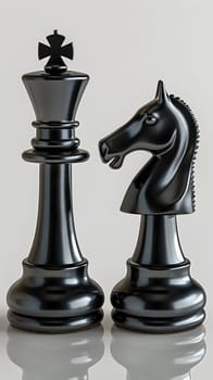 Two black chess pieces, a king and a horse, are displayed together on a white surface. The horse is a working animal and the sculpture is made of metal, perfect for indoor games and sports