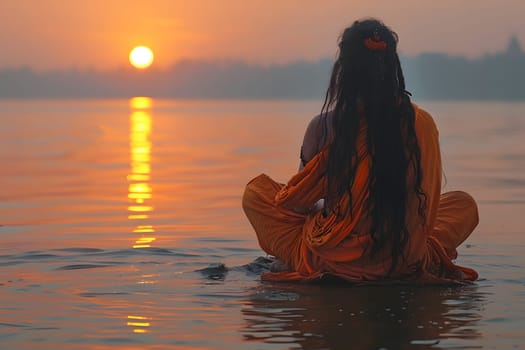 Guru sitting in the water as the sun sets in the background.