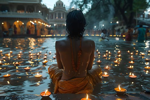 Guru sits in a body of water, encircled by candles.