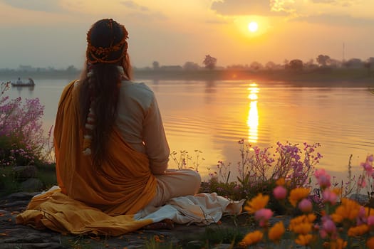 Guru sitting on a rock near a body of water.