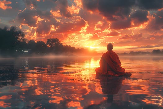 Guru sitting in the water during a beautiful sunset.