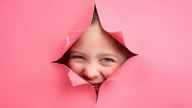 Cute Caucasian girl peeks out of a hole in a paper pink background