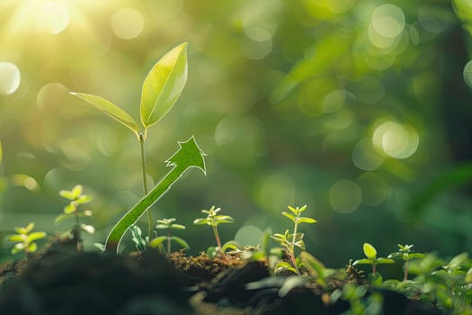 A green arrow, shaped from a plant, points upwards symbolizing the growing trend in sustainable investment and green finances.