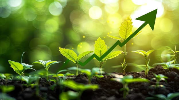 A green upward arrow symbolizing the growing trend in sustainable investment, showcasing the rise of green finance and ecological practices.