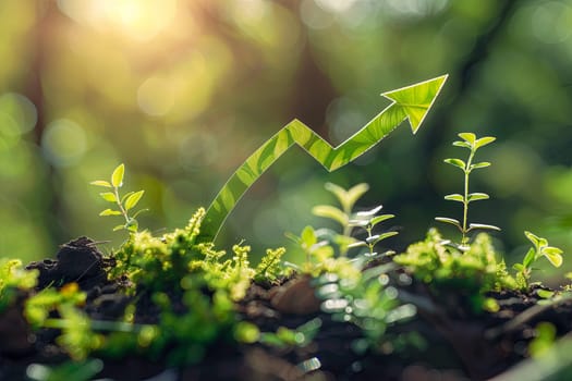 A leafy arrow symbolizes the trend of sustainable investments, showing a shift towards green finance and eco-friendly practices.