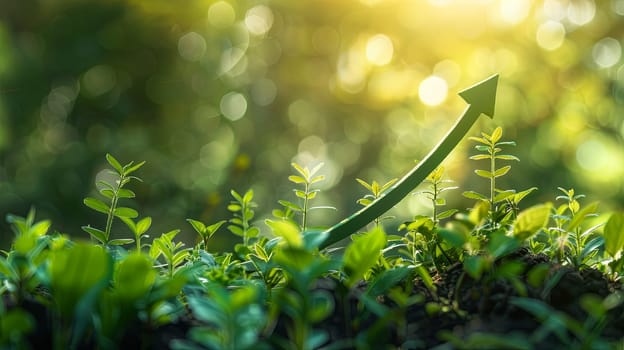 An upward green arrow symbolizing the growing trend in sustainable investment, representing green finances and ecological practices.