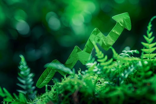 A green arrow pointing upward amidst lush greenery symbolizes the growing trend of sustainable investment, representing green finances and ecological practices.