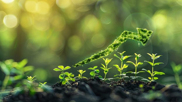 A moss-covered arrow points upwards, symbolizing the increasing trend in sustainable investment, highlighting the importance of green finance and ecological practices.