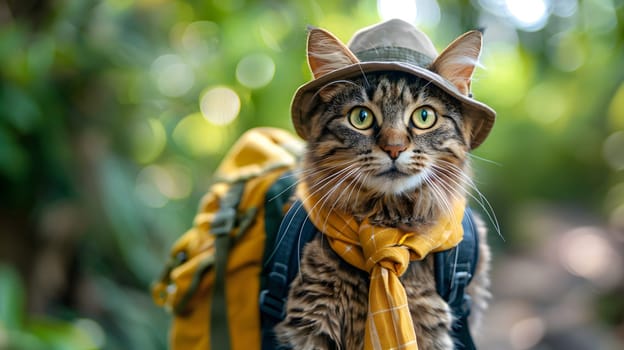 A Felidae wearing a hat and scarf, carrying a backpack. This terrestrial carnivore has whiskers and fur, typical of small to mediumsized cats in the wild