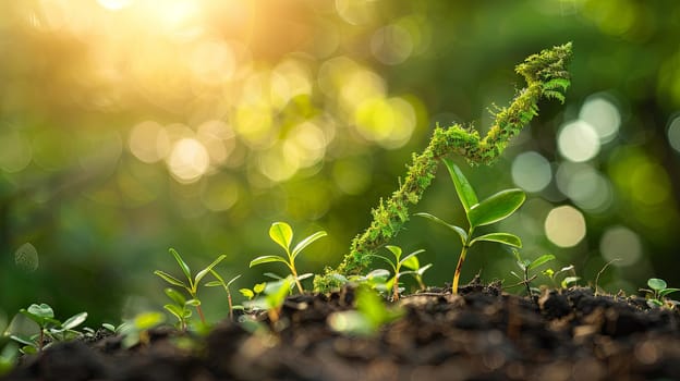 An upward arrow formed by green foliage symbolizes the growth of sustainable investment, representing green finances and environmentally responsible investing.