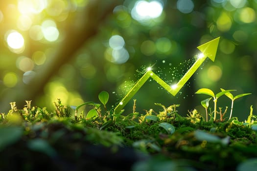 An upward arrow, symbolizing the growing trend in sustainable investment, rises above lush greenery, representing green finances and ecological practices.