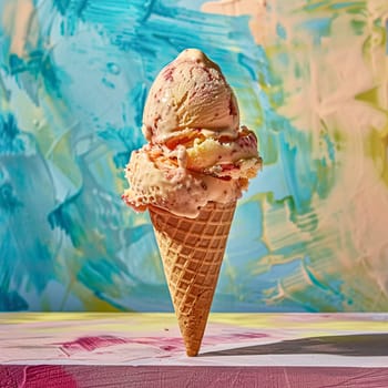 Scoops of ice cream in a waffle cone on a colorful background