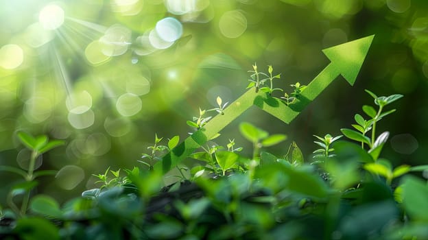 A green arrow pointing upwards symbolizes the rising trend of sustainable investment, representing growth in green finances and ecological practices.