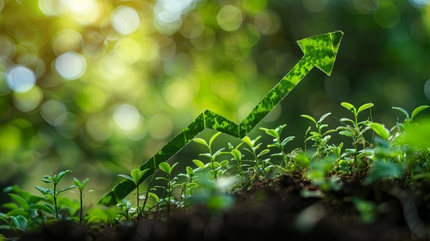 An upward arrow formed from green leaves symbolizes the rising trend in sustainable investments, representing green finance and environmentally responsible practices.