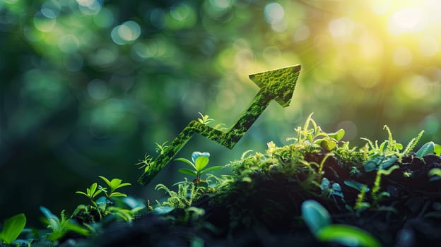 Lush green foliage forms an upward arrow pointing to a rising trend in sustainable investments, symbolizing a shift towards eco-friendly financial practices.