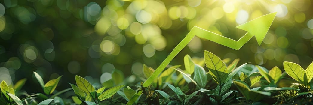 A green arrow points upwards, symbolizing the growing trend in sustainable investment, representing green finances and ecological practices.