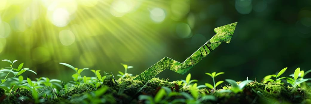 An upward arrow made of green leaves and foliage, signifying the increasing trend in sustainable investment.