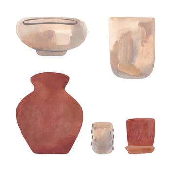 A set of interior ceramic flower pots made of white fired clay or concrete and red clay for a rustic or wabi-sabi interior. Home stuff. Isolated watercolor illustration on white background. Clipart
