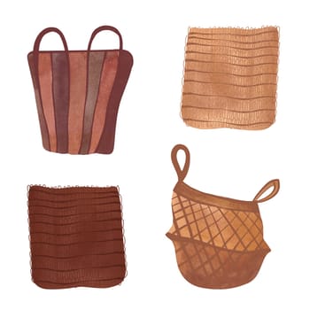 A set of interior baskets made of light and dark straw for interiors in rustic or wabi-sabi style. A stand for home flowers or storage space. Home stuff. Isolated watercolor illustration on white background. Clipart.