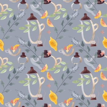 Herb tea. Melissa, mint, glassware, leaves and lemon slices. Seamless watercolor pattern for fabric, wallpaper, wrapping paper, packaging cosmetics, tablecloths, curtains and home textiles