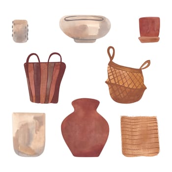 A set of interior ceramic flower pots made of white and red clay and baskets made of light and dark straw for an interior in a rustic or wabi-sabi style. Home stuff. Isolated watercolor illustration on white background. Clipart
