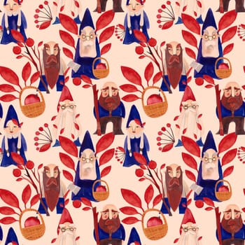 Autumn gnomes. Watercolor seamless pattern for fabrics, home textiles, clothes and wrapping paper. Fairytale vintage style. Beige background.