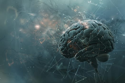 An abstract visualization depicting the fusion of human intelligence and artificial intelligence through a neural network integrated with a human brain.