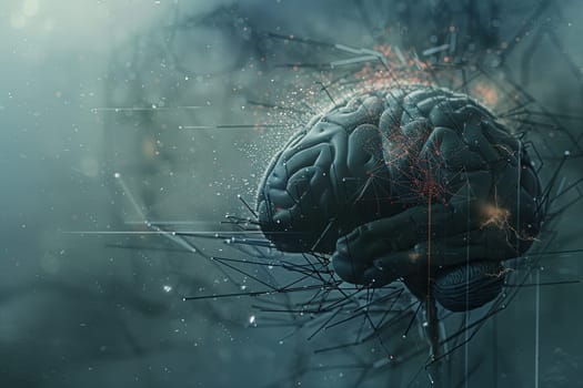 A 3D illustration depicting a human brain integrated with digital elements and neural networks, symbolizing the fusion of human intelligence and AI.