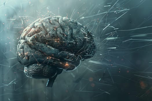 A stylized abstract illustration depicting a human brain with digital elements and neural networks, symbolizing the fusion of AI and human intelligence.