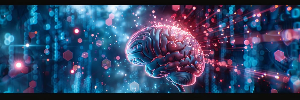 Abstract visualization of a human brain merging with digital elements and neural networks, symbolizing the connection between human intelligence and AI.