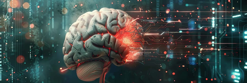 An intricate, futuristic design depicting a human brain integrated with digital elements and neural networks, symbolizing the fusion of human intelligence and AI.