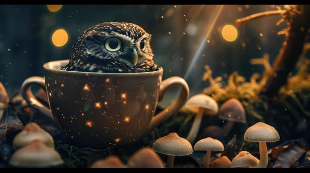 Burrowing Owl, peeking out from a teacup filled with glowing mushrooms, its surprised expression illuminated by a beam of light from a giant.