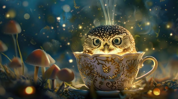 Burrowing Owl, peeking out from a teacup filled with glowing mushrooms, its surprised expression illuminated by a beam of light from a giant.