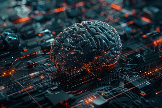 A stylized 3D rendering of a human brain integrated with digital elements and neural networks, depicting the fusion of human intellect and artificial intelligence.