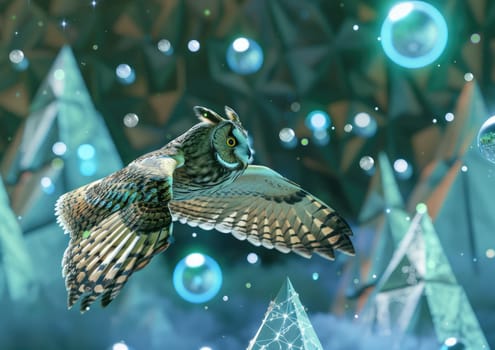 Long-eared Owl in mid-flight, its wings leaving a trail of stardust as it soars through a surreal, geometric landscape.