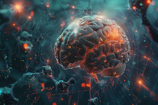 An abstract visualization of a human brain integrated with digital elements and neural networks, symbolizing the fusion of human intelligence and artificial intelligence.