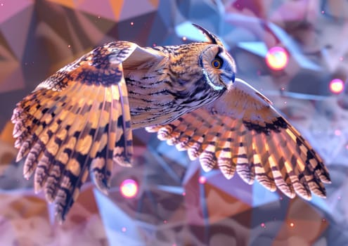 Long-eared Owl in mid-flight, its wings leaving a trail of stardust as it soars through a surreal, geometric landscape.