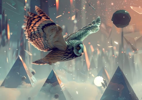 Long-eared Owl in mid-flight, its wings leaving a trail of stardust as it soars through a surreal, geometric landscape.