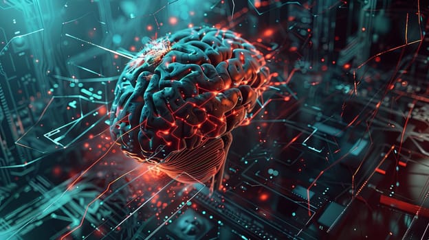 Futuristic image of a human brain combined with digital elements and neural networks, symbolizing merging human and artificial intelligence.