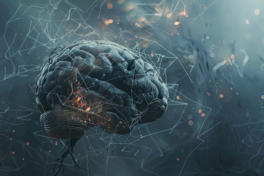 An abstract visualization of a human brain intertwined with digital elements and neural networks, symbolizing the integration of human intelligence and AI.