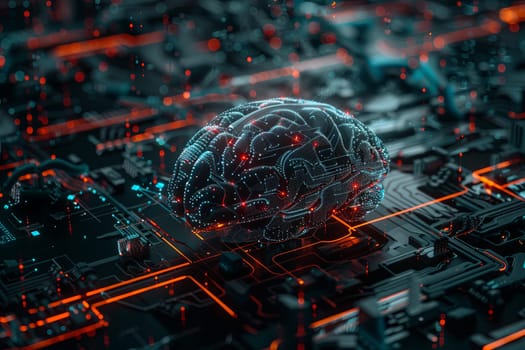 A 3D illustration of a human brain fused with digital elements and neural networks, representing the convergence of human intelligence and AI.