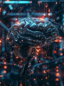 A 3D rendering of a human brain intertwined with digital elements and neural networks, symbolizing the convergence of human intelligence and AI.