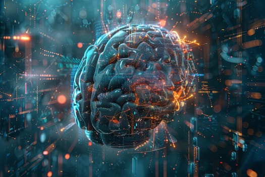 An abstract illustration of a human brain intertwined with digital elements and neural networks, symbolizing the fusion of human intelligence and artificial intelligence.