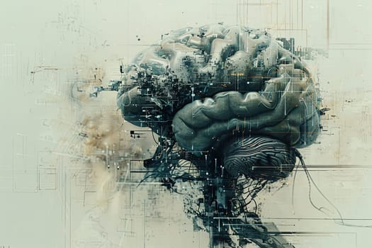 Abstract artwork depicting a human brain integrated with digital elements and neural networks, representing the fusion of human intelligence and artificial intelligence.