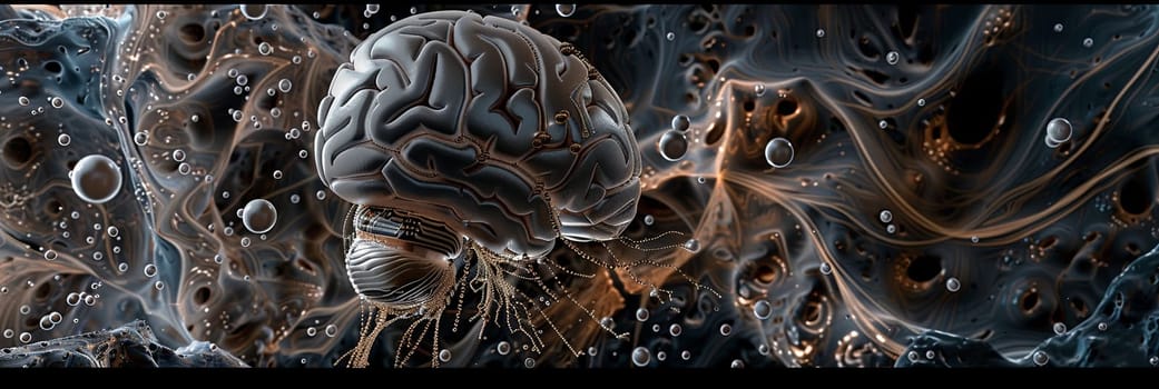 An abstract visualization of a human brain connected to digital elements and neural networks, symbolizing the future of human intelligence and artificial intelligence.