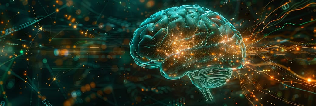 An abstract visualization depicting the fusion of human intelligence and artificial intelligence, showcasing a human brain interwoven with digital elements and neural networks.