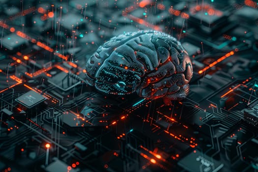 A futuristic, abstract visualization of a human brain integrated with digital elements and neural networks, symbolizing the fusion of human intelligence and AI.