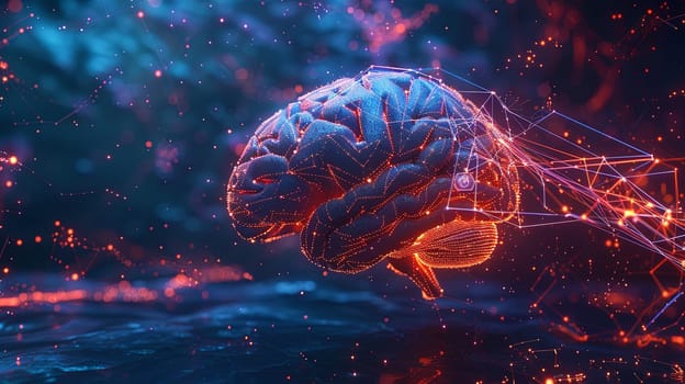 A futuristic visualization of the human brain connected to digital elements and neural networks, symbolizing the fusion of human intelligence and AI.